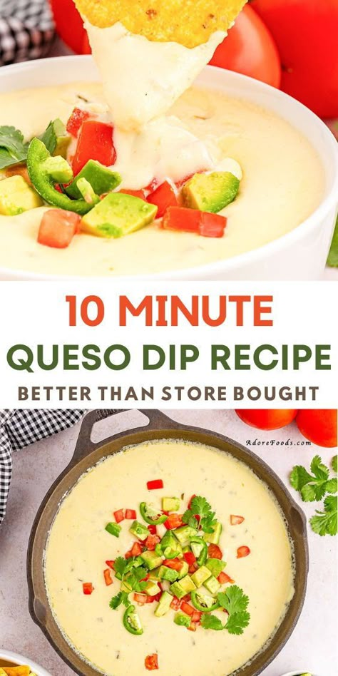 Better than store bought, this quick queso dip is made with 2 types of cheese, jalapenos, tomatoes. Best restaurant style white queso recipe is the perfect appetizer. Perfect for watching the game at home, or gathering with friends for margaritas, this delicious homemade queso will quickly become your new favorite party recipe #crockpotdiprecipe #superbowlpartyfood Party Dips And Appetizers, Gouda Queso Dip, East Queso Recipe, Best Mexican Cheese Dip, Best Ever Queso Dip, Easy Homemade Queso Dip, Homemade Queso Cheese, Making Queso Dip, Dips With Tomatoes