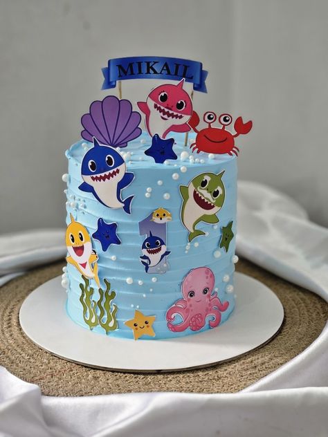 Baby Shark Birthday Cake Boy, Baby Shark Cake Boy, Shark Themed Cakes, Baby Shark Cake, Shark Birthday Cakes, Shark Cake, Shark Themed, Cute Laptop Stickers, Shark Birthday