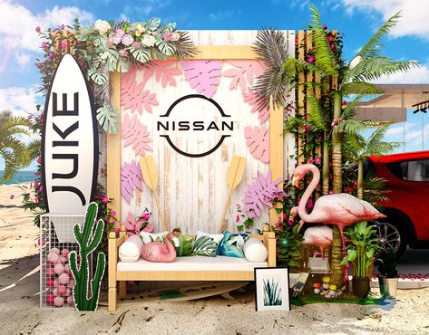 Summer Booth Design, Beach Brand Activation, Beach Event Decor, Beach Theme Backdrop, Beach Photo Booth, Tropical Theme Decor, Beach Display, Beach Restaurant Design, Corner Deco