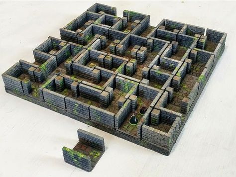 A full dungeon terrain file set for a moving maze game that works mechanically like the Ravensburger game "Labyrinth." I figured this would be very cool for use with games like Frostgrave or any game where you want a magic/ unreal dungeon/ maze. These are 5cm sq tiles and work great with 15mm minis. if you want to use 28mm minis I would double the dimensions if not a little more. There are 50 total printed pieces: 12 II pieces, 20 L pieces, 18 T pieces. print multiples of each file until you get Maze Board Game Design, Maze Board Game, Dungeons And Dragons Diy, Dungeon Terrain, Labyrinth Game, Labyrinth Maze, Dungeon Tiles, Minecraft Drawings, Maze Game