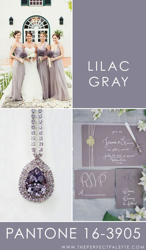 Lilac Gray - 16-3905    Peaceful, serene, and absolutely dreamy, Lilac Gray is the kind of color that works nicely with soft neutrals. For instance, a nice crisp white or even other types of gray, those are the sort of shades that I like to see paired with with this smokey shade of gray. Lilac Gray, Lilac Grey, Gray Weddings, Wedding Destination, Wedding Color Schemes, Purple Wedding, Trendy Wedding, Colour Schemes, Wedding Themes