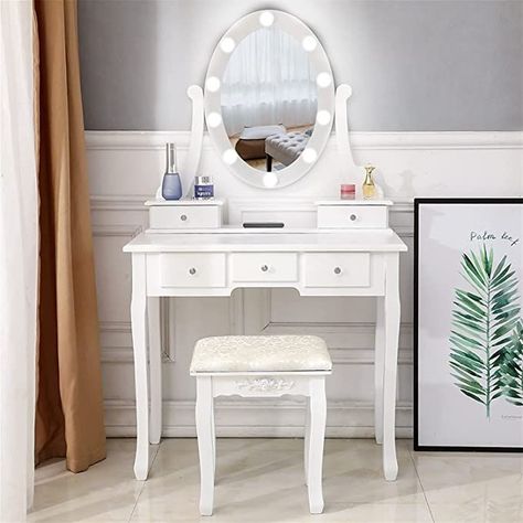 Vanity Table Set with Lighted Mirror, Makeup Dressing Table and Cushioned Stool Set with 5 Large Drawers for Women Girls (White-1) Small Vanity Table, Bedroom Vanity Set, Single Mirror, Mirror Stool, Vanity Benches, Dressing Table Vanity, Dressing Table Desk, Vanity Table Set, Makeup Table Vanity