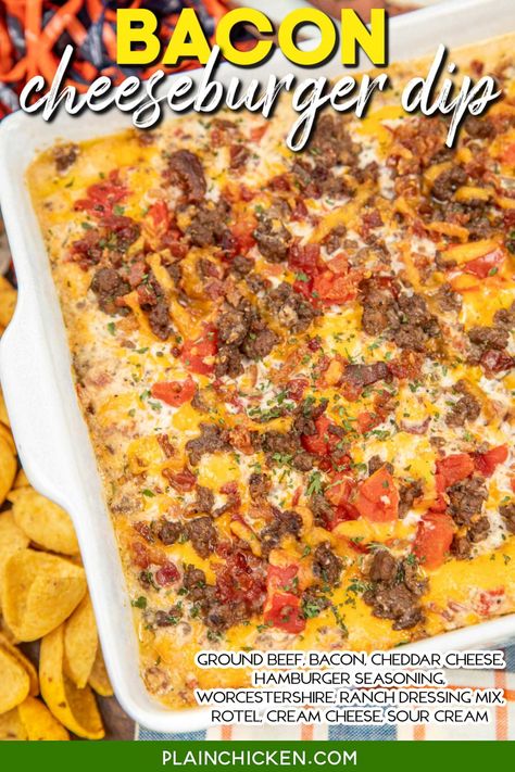 Bacon Cheeseburger Dip Recipe - this dip is the ultimate crowd-pleaser. Loaded with ground beef, crispy bacon bits, cheddar cheese, Rotel, cream cheese, sour cream, and a medley of seasonings, it's a taste sensation that'll have your guests coming back for more. Perfect for game day, parties, or any get-together. This is the kind of dip that disappears in no time! Bacon Cheeseburger Rotel Dip, Dip Recipes With Ground Beef, Ground Beef Tailgate Recipes, Recipes With No Cheese, Hamburger Cream Cheese Recipes, Appetizer Recipes With Bacon, Recipes With Bacon Bits, Ground Beef Dip Recipes, Appetizers With Ground Beef