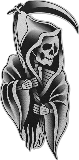 Grim Reaper Trad Tattoo, Neotraditional Grim Reaper Tattoo, Leg Patch Work Tattoo Men, Traditional Grim Reaper Tattoo Flash, Black And Grey Flash Tattoo, Trad Black Tattoo, Tattoo Stencil Outline With Shading, American Traditional Blackwork Tattoos, Old School Tattoo Stencils