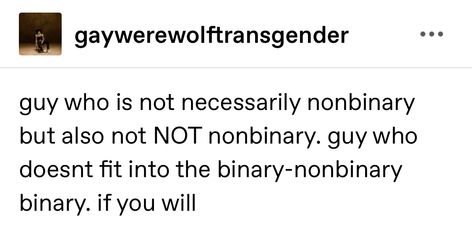 guy who is not necessarily nonbinary but also not NOT nonbinary. guy who doesnt fit into the binary-nonbinary binary. if you will Nonbinary Text Post, Non-binary Aesthetic, Nonbinary Quotes, Amab Nonbinary, Nonbinary Names, Clay Terran, Binary Quotes, Nonbinary Aesthetic, Non Binary Aesthetic