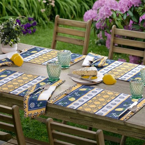 Lemon Garden, French Country Living, Mediterranean Tile, Outdoor Tablecloth, Garden Indoor, Fabric Placemats, French Table, French Fabric, Mediterranean Garden