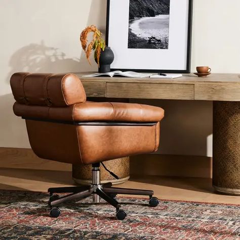 232017002 in by Four Hands in Stillwater, OK - Arnold Desk Chair-sonoma Chestnut Modern Rustic Office, Brown Leather Chairs, Rustic Office, Swivel Chair Desk, Chestnut Leather, Tufted Leather, Leather Office Chair, Leather Desk, Leather Office