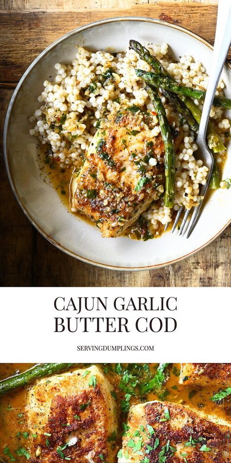 Cajun Garlic Butter Cod - Serving Dumplings Cajun Cod, Garlic Butter Cod, Butter Cod, Cod Fillets, Fish Dinner Recipes, Resep Diet, Easy Seafood, Cod Recipes, Garlic Butter Sauce