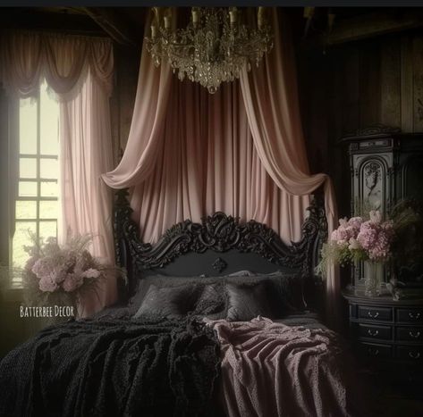 Gothic Canopy Bed, Decorations Above Bed, Goth Bedroom Ideas, Victorian Gothic Home Decor, Hippie Bedroom Decor, Morgantown West Virginia, Victorian Room, Goth Bedroom, Goth Things