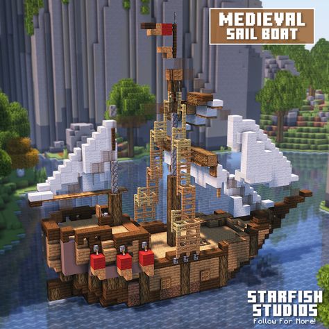 Medieval sail boat to cross the seven seas! Minecraft Medieval Boat Dock, Boat Design Minecraft, Minecraft Sailing Ship, Ship House Minecraft, Minecraft Boats Ships, Minecraft Sea Wall, Minecraft Ocean Castle, Minecraft Boat Blueprints, Medieval Ship Minecraft