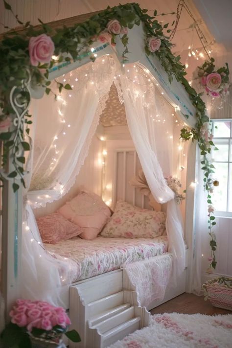 25 Magical Fairy Bedroom Ideas for a Touch of Whimsy - Roomy Retreat Fairytale Teenage Room, Room Ideas For Dorm Rooms, Clean Fairy Aesthetic, Flowers From Ceiling Bedroom, Fairycore Bedroom Pink, Whimsical Home Aesthetic, Fairy Garden Girls Bedroom, Fairy Core Bedroom Decor, Garden Theme Bedroom Ideas