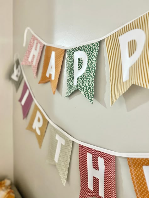 "CHECK OUT OUR \"Happy Birthday Name add-on\" LISTING HERE --> https://www.etsy.com/listing/1575350672  Fabric Happy Birthday Banner Rainbow Fabric Birthday Banner Sustainable Birthday Decor Reusable Birthday Décor Handmade Birthday Party 📦 3-8 Turn Around + Shipping  🤍 Fabric Happy Birthday Banner 🌈 Reusable and Sustainable Party Décor PRODUCT INFO ❤️ Small - Flags 4.5\" x 7\" ❤️ Large - Flags 7\" x 9\" ❤️ Multicolored Banner with vintage and new fabrics.  MATERIAL The banners are made from a variation fabrics some new, some vintage. It is sewn with a raw him an fraying will take place over time to add character over time. All banners will have a variation of reds, oranges, yellows, greens, blues, purples, pinks. The lettering for the Happy Birthday is made from a white heat transfer v Happy Birthday Banner Diy, Diy Birthday Banner, Rainbow Fabric, Homemade Birthday, Happy Birthday Signs, Happy Birthday Name, Diy Banner, Birthday Crafts, Birthday Name