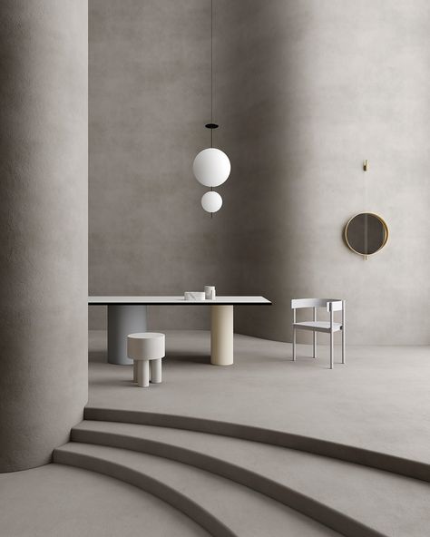 Contemporary Architecture Interior, 3d Set Design, Round Interior Design, Editorial Interior Design, Minimalist Set Design, Grey Wall Interior, Stage Interior Design, Minimal Set Design, Furniture Set Design