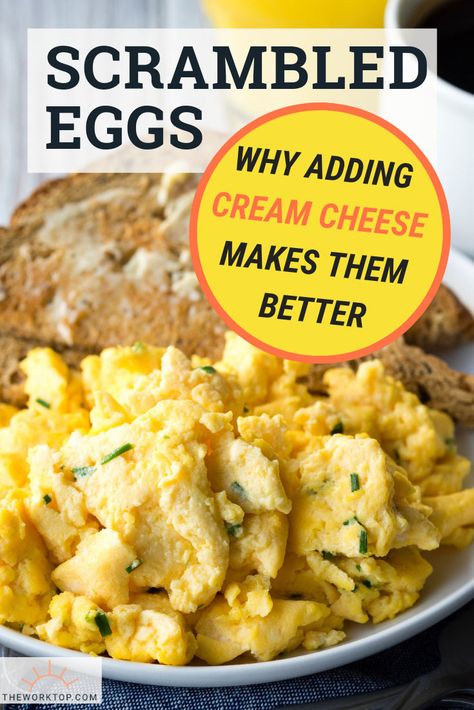 Cream cheese is the secret ingredient to make scrambled eggs so tasty! Cream Cheese eggs is a perfect quick and easy breakfast recipe, especially for the weekdays. Also suitable for keto, low carb and diabetic diets. Get the recipe on www.theworktop.com. || #scrambledeggs #ketobreakfast Scrambled Eggs With Cream Cheese, Breakfast Cream Cheese, Scrambled Eggs With Cream, Eggs With Cream Cheese, Cream Cheese Scrambled Eggs, Cream Cheese Breakfast, Breakfast Recipes Easy Quick, Scrambled Eggs Recipe, Cream Cheese Eggs