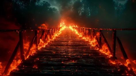 Burning Bridge Tattoo, Bridge On Fire, Bridge Tattoo, Burning Bridges, Wooden Bridge, Illustration Ideas, Ink Ideas, Take A Breath, Cityscape Photos