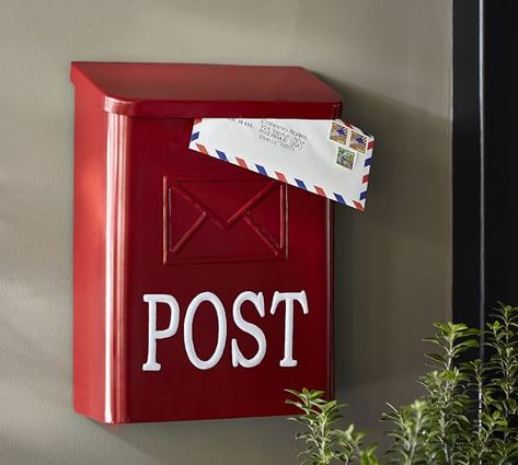 Red Post Mail Box | Pottery Barn Mailbox On House, Pottery Barn Christmas Decor, Red Mailbox, Vintage Mailbox, Pottery Barn Christmas, Red Cottage, Post Box, Indoor Christmas, Mailbox