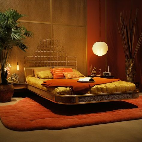 Retro 70s Bed, Dark 70s Interior Design, Master Bedrooms 70s, Japanese 70s Interior, 70s Hollywood Interior, Luxury 70s Interior, Retro 70s Bedroom Ideas, 70s Cozy Bedroom, 70s Glam Bedroom