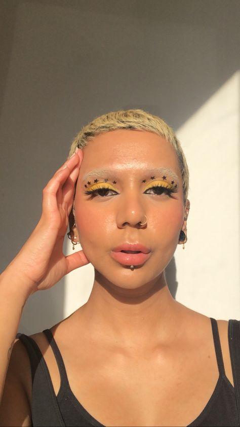 Yellow eyeshadow and star eyeliner ✨ I used @thebodyshopuk star stamp liner. Eyeliner Stamp Star, Star Eyeliner Stamp Looks, Star Stamp Eyeliner, Star Eyeliner Stamp, Star Stamp Makeup, Conan Gray Concert Outfit, Yellow Eyeliner, Star Eyeliner, Bday Photoshoot Ideas