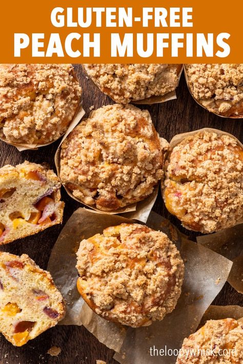 Gluten Free Peach Streusel Muffins - These gluten free peach muffins are perfectly moist, soft and tender, packed full of juicy peaches and generously topped with a crisp, buttery cinnamon streusel. They’re super easy to make and even non-gluten-free folks will absolutely love them. Gluten free muffins. Easy muffin recipe. Peach desserts. Gluten free dessert recipes. Peach Recipe Gluten Free, Peach Muffins Gluten Free, Gf Peach Muffins, Peach Oat Muffins, Paleo Peach Muffins, Just Peachy Peach Muffins, Breakfast Brownies, Blueberry Loaf Cakes, Peach Muffins