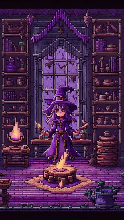 pixel art Pixel Witch, Witch Cabin, Purple Witch, House Wallpaper, Cabin Art, Cool Pixel Art, Magical Art, Witch House, Witch Aesthetic