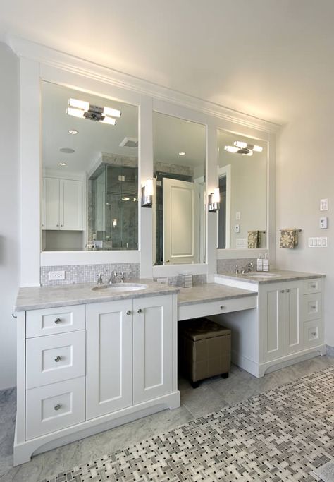 I think this bathroom would be amazing as part of my dream home! The tile pattern is so classy. What I love most is the vanity, though, because the cabinets seem really great for storage, and I love the makeup station! Kohler Faucets, Master Bath Renovation, Faucets Bathroom, Bathroom Vanity Designs, Double Sinks, Large Bathroom, Makeup Station, Master Bath Remodel, Double Vanity Bathroom