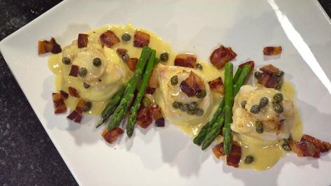 Red Emperor with Lemon Cream Caper Sauce Fish Fillet Recipe, Capers Recipe, Caper Sauce, Masterchef Australia, Steamed Asparagus, Christmas Lunch, Gluten Free Dinner, Lemon Cream, Fish Fillet