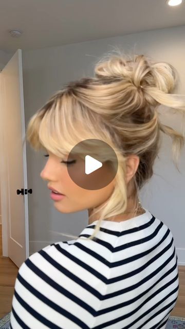 Shay Sullivan on Instagram: "This is the cutest messy bun everrr!! I usually wear my hair down, but this will be my new go to hair style! Creds to @delaneychilds for showing us her ways 🤩" Quick Messy Bun Tutorial Short Hair, Loose Top Bun, Low Bun Messy Hairstyles, How To Do A Loose Bun, Messy Top Knot Tutorial, Scrunchie Messy Bun, Messy Buns For Fine Hair, Professional Messy Bun, Updo With Bangs Tutorial