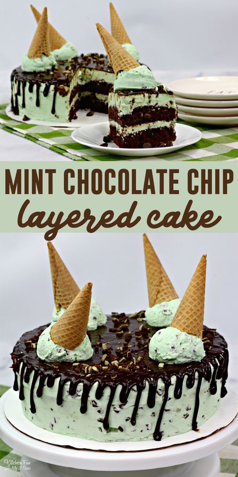 Mint Chocolate Chip Cake is a simple boxed chocolate cake mix with layers of a delicious homemade mint chocolate chip frosting. Top it off with ganache, frosting as ice cream and a waffle cone. Perfect for St Patricks Day. Cake Recipes #food #yummy #cake #recipe #mint #andesmint #dessert Mint Ice Cream Cake, Mint Chocolate Chip Ice Cream Cake, Mint Chocolate Chip Cake, Ganache Recipes, Simple Chocolate Cake, Chocolate Chip Frosting, Simple Layers, Cake With Layers, Chocolate Mint Brownies