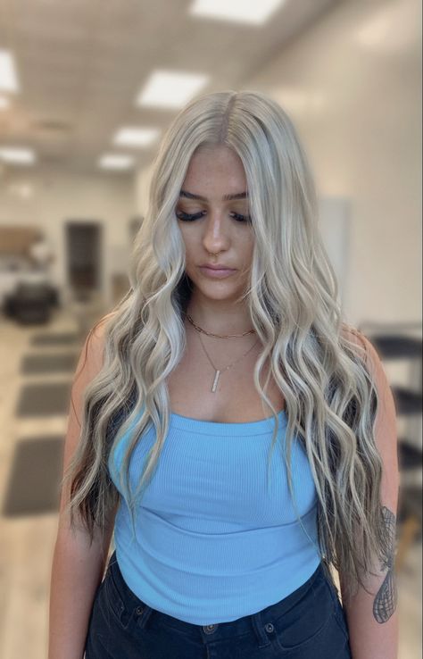 Bright Blonde With Dark Underneath, Blonde With Dark Lowlights Underneath, Brown Bottom Blonde Top Hair, Icy Blonde Hair With Black Lowlights, Blonde Hair With Dark Hair Underneath, Blonde And Dark Underneath Hair, Black Hair Under Blonde, Platinum Blonde With Brown Underneath, Platinum Blonde Hair With Brown Underneath