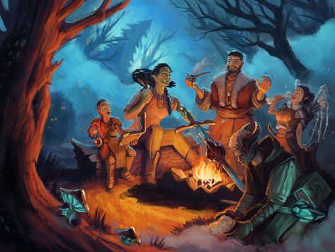 Dnd Party Illustration, Group Of Characters Art, Group Character Art, Fire Camp Drawing, Dnd Group Art, Dnd Party Art, Draw Prompts, Group Composition, Campfire Drawing