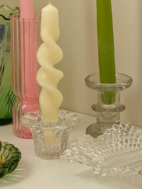 Tapered Candles Decor, Stick Candles Aesthetic, Thrifted Candle Holders, Candle Sticks Aesthetic, Candle Stick Aesthetic, Long Candles Aesthetic, Thrifted Decor Aesthetic, Cute Candle Holders, Thrifted Candles