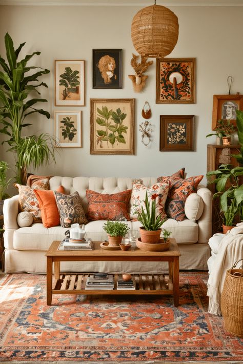 Peaceful Aesthetic Living Room, Eclectic Nature Decor, Folksy Living Room, Boho Cottage Decor Living Room, Boho Floor Cushions, Cozy Cottage Aesthetic Living Room, Bright Vintage Living Room, British Decor Interior Design, Cottage Boho Living Room