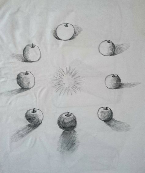 Shadow Drawings Easy, Light And Shadow Practice, Apple Shadow Drawing, Shadow Study Drawing, Shadow Light Drawing, Draw Shadow And Light, Shadow Practice Drawing, Light And Shadow Art Drawing, How To Shadow Drawing