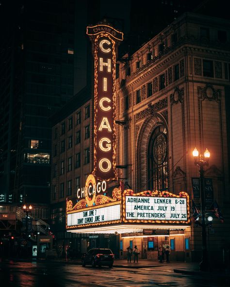 The Chicago Theatre vintage neon sign at night, Chicago, Illinois Bikeriders Aesthetic, 1920 Chicago, Night Chicago, Chicago Signs, Chicago Musical, Chicago Theatre, The Pretenders, Rail Transport, Vintage Neon Signs