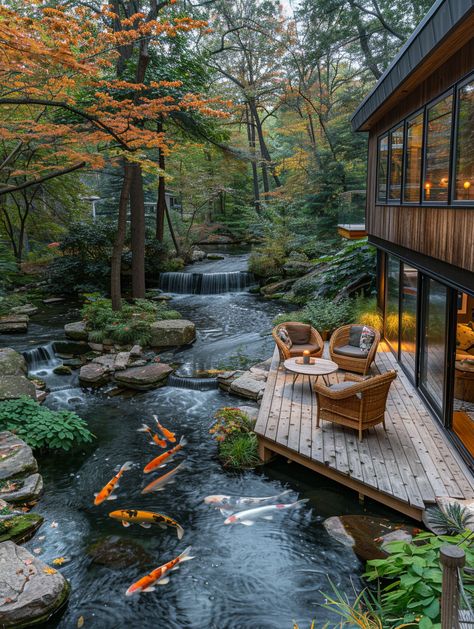 Top View of Small Garden with Wooden Deck and Koi Pond Koi Carp Pond, Small Koi Pond Ideas, Small Garden Features, Koi Fish Garden, Pond With Koi Fish, Garden Koi Pond, Red Maple Tree, Outdoor Ponds, Wooden Deck