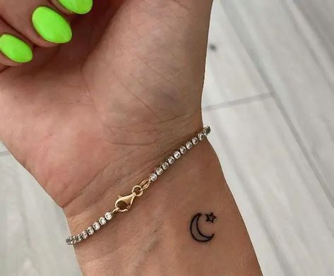 Cute Moon Tattoo Ideas, Turkish Moon And Star Tattoo, Small Moon Hand Tattoo, Moon N Stars Tattoo, Moon And Stars Tattoo Wrist, Crescent Moon Star Tattoo, Stars And The Moon Tattoo, Moon And 2 Stars Tattoo, Moon And Star Wrist Tattoo