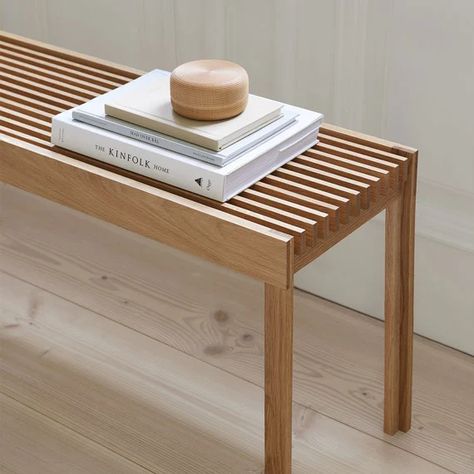 Danish products by Form & Refine: great materials, craft traditions and sustainable principles Minimalist Furniture Design, Oak Bench, Into The Wood, Into The Woods, Wooden Bench, Wooden Slats, Wood Bench, Wood Slats, 인테리어 디자인