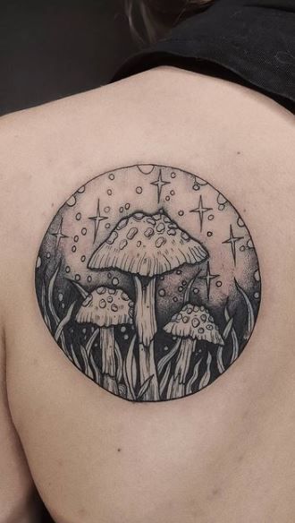 Trippy Mushroom Tattoo Design, Mushroom Lady Tattoo, Tentacle Tattoo, Led Zeppelin Tattoo, Botanical Mushroom, Groovy Mushroom, Moon Mushroom, Etching Tattoo, Moon Sun Tattoo