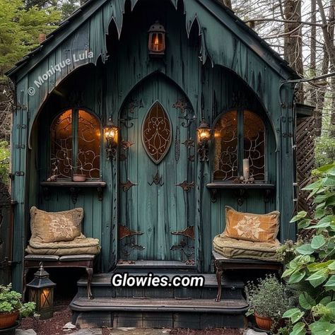 She Shed Witchy, Witch She Shed, Spooky She Shed, Gothic Shed, Gothic She Shed, Witchy Tiny House, Witchy She Shed, Witchy Patio, Witch Shack