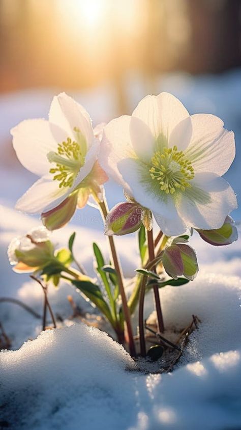 A couple of white flowers that are in the snow, beautiful winter hellebores. stock photography Flowers In Winter Aesthetic, Winter Flowers Aesthetic, February Photography, Flowers In Snow, January Flowers, Winter Botanicals, Winter Flowers Garden, Hellebore Flower, Snow Garden