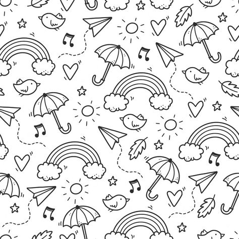 Premium Vector | Cute seamless doodle pattern with cloud, rainbow, umbrella, sun, star element. hand drawn line children style. doodle background vector illustration. Journal Planner Ideas, Rainbow Umbrella, Star Doodle, Cloud Rainbow, Doodle Background, Chasing Rainbows, Children Style, Kids Doodles, Love Coloring Pages