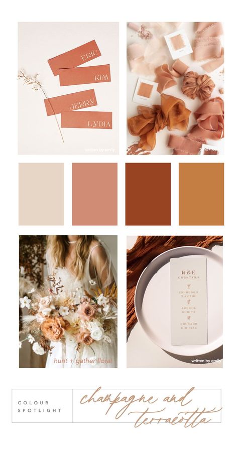 Champagne And Terracotta Wedding, February Wedding Colors, Champagne Color Palette, Wedding Theme Color Schemes, Champagne Wedding Colors, Rusting Wedding, Wedding Color Pallet, Autumnal Wedding, Wedding Motifs