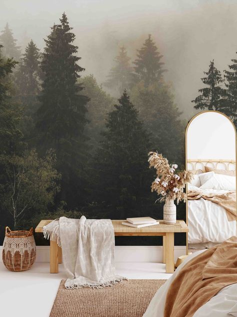 Foggy Forest Wall Mural | Shop Peel & Stick Wallpaper by Green Planet Bedroom Forest, Forest Mural, Tree Wall Murals, Forest Wall Mural, Murals Wallpaper, Scandinavian Bedroom, Forest Decor, Travel Wallpaper, Misty Forest