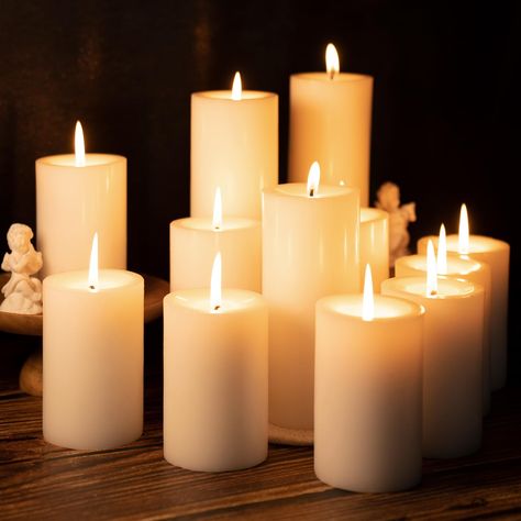 PRICES MAY VARY. 💗SMOKELESS AND DRIPLESS PILLAR CANDLES - MOSROAD pillar candles made from only premium paraffin wax with 100% cotton wicks.Our unscented pillar candles burn cleanly and evenly without smoke, drips, or flickering. Create a warm, relaxing, and welcoming atmosphere. 💗GREAT VALUE PACKS - Each Ivory unscented pillar candle set comes with 12 counts candles of 2.8 x 4''.They come packed securely in a sturdy cardboard box.We choose not to use any fragrance and odors in our Ivory pilla Fake Candles Wedding Table, Faux Candles In Fireplace, Vintage Fall Tablescapes, Fireplace Candles Inside, Candles On Mantle, Candles On The Floor, Flameless Candle Wedding, Floor Candles, Dinner Table Candles