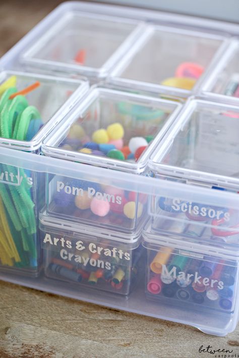 The Best Ever Solution for Storing Crayons, Markers, and Crafts | Between Carpools Marker And Crayon Storage, Crayon Storage Ideas, Organizing Crayons, Storing Markers, Crayon Organizer, Toddler Storage, Crayon Storage, Homeschool Room Decor, Crayon Organization