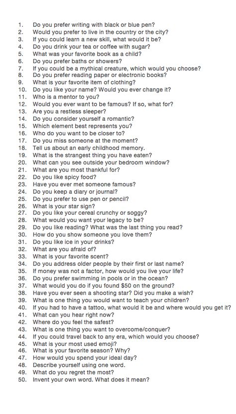 50 questions to answer in order to "dig a little deeper".  Not created by me. Questions To Get To Know Someone, Embarrassing Moments, Learn A New Skill, A Question, Electronic Books, Mythical Creatures, The Words, Favorite Books, Fails