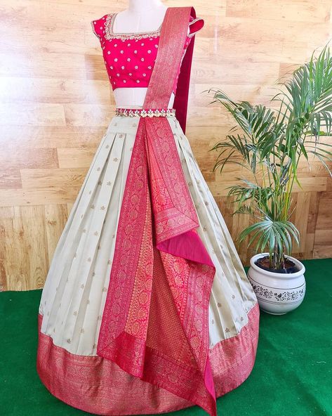 Redefine occasion wear with this Pre draped and stitched duppata on a crop top and skirt🥰! . . I think its a really easy way to carry an… Traditional Half Saree, Saree Reuse, Lehenga Saree Design, Long Gown Design, Wedding Lehenga Designs, Crop Top And Skirt, Half Saree Designs, Long Dress Design, Lehenga Choli Online