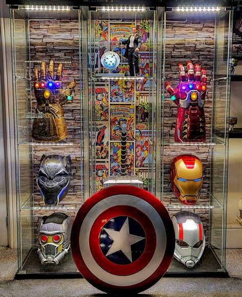 So here is the 2020 reshoot of my Marvel Prop collection  . I am so torn with these ... the look spectacular when displayed together ... but then I see how good they look in the main Mavel wall mixed in with my other bits ... maybe I need two sets ?? Haha  . For now its great to see them all together again with the  addition of the Hot Toys Arc Reactor  . . Whats your favourite?  . . #toy #toys #toysofinstagram #mancave #followme #collector #collection #toyphotography #figures #toyplanet #showca Collectors Display Ideas, Marvel Apartment Decor, Marvel Collection Display, Marvel Room Aesthetic, Marvel Display, Marvel Props, Marvel Room Ideas, Collectors Room Ideas, Comic Book Rooms