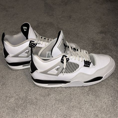 Air Jordan 4 Military Black Like Brand New Worn Once Indoors Jordan 4s Womens, Cute Shoes For Men, Hello Kitty Jordan 4’s, Black Jordan 4’s, Black Couples Matching Shoes, White Thunder Jordan 4, Jordan 4 Black And White, Jordan Retro 4 Mujer, Jordan 4s Military Black