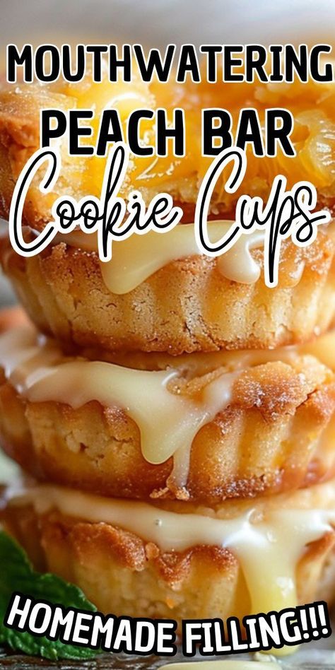 Mouthwatering Peach Bar Cookie Cups Peach Cobbler Cookie Cups, Peach Cobbler Cups, Snacks To Bake, Peach Cobbler Cookies, Peach Cookies Recipe, Molded Cookies, Christmas Cookies Bars, Christmas Cookie Bars, Peach Cookies